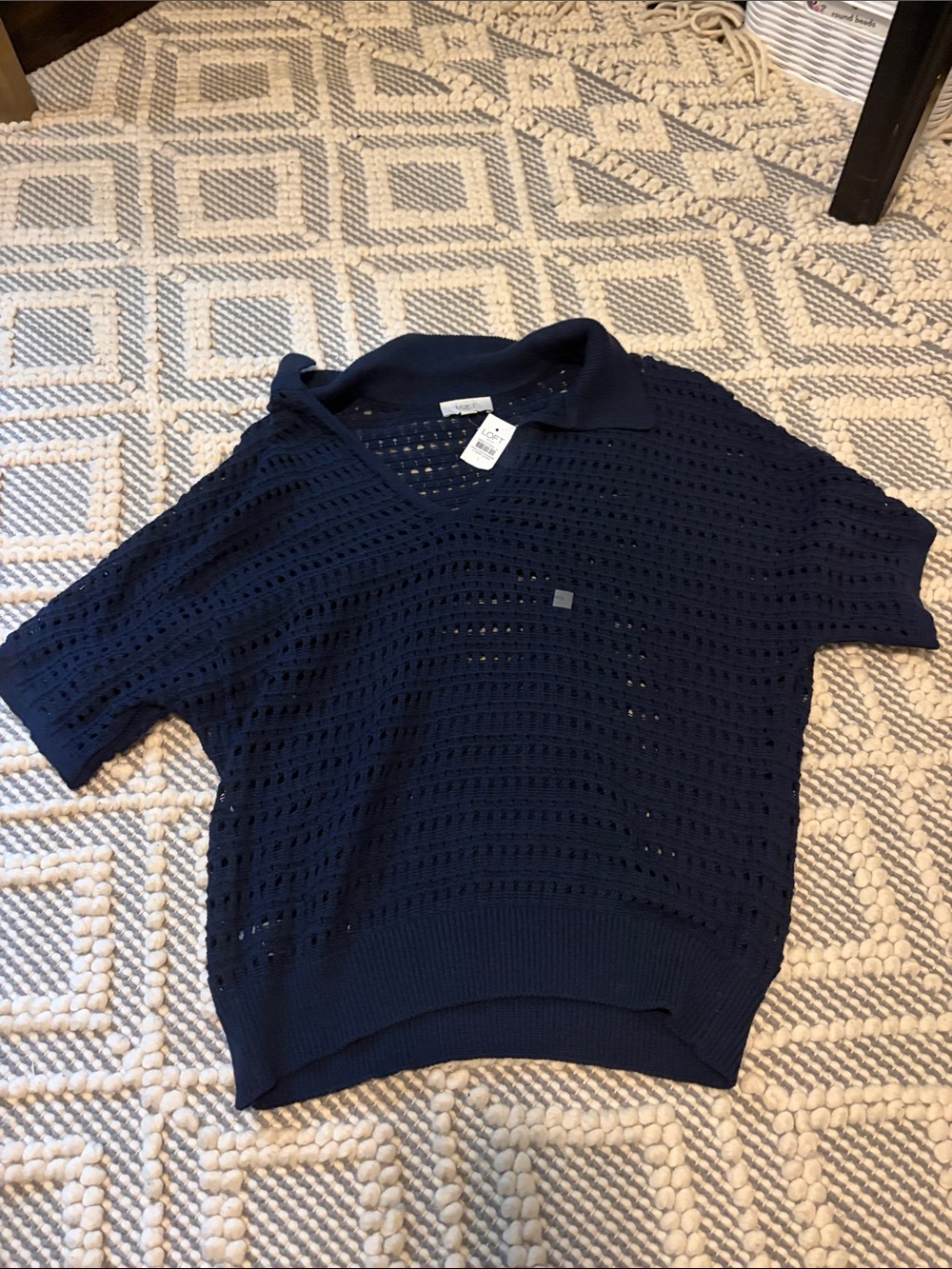 LOFT Women's Navy Open-Knit V-Neck Short-Sleeve Sweater
